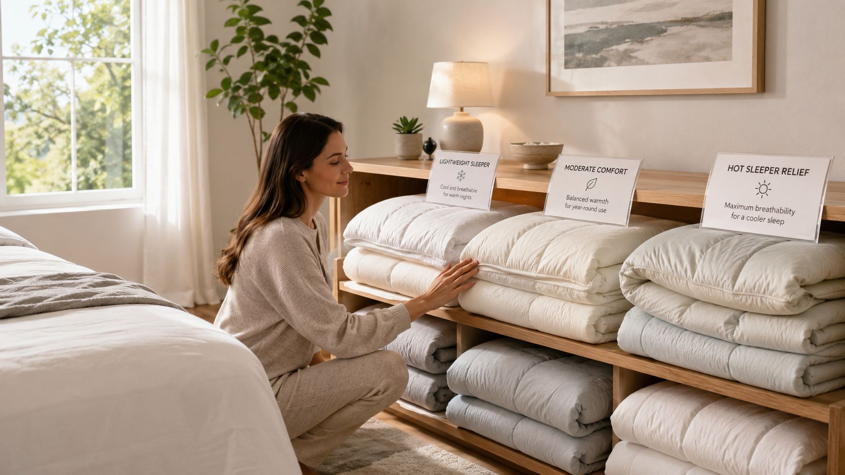 A woman shopping for bedding in a store, comparing comforters labeled for different sleep comfort levels.