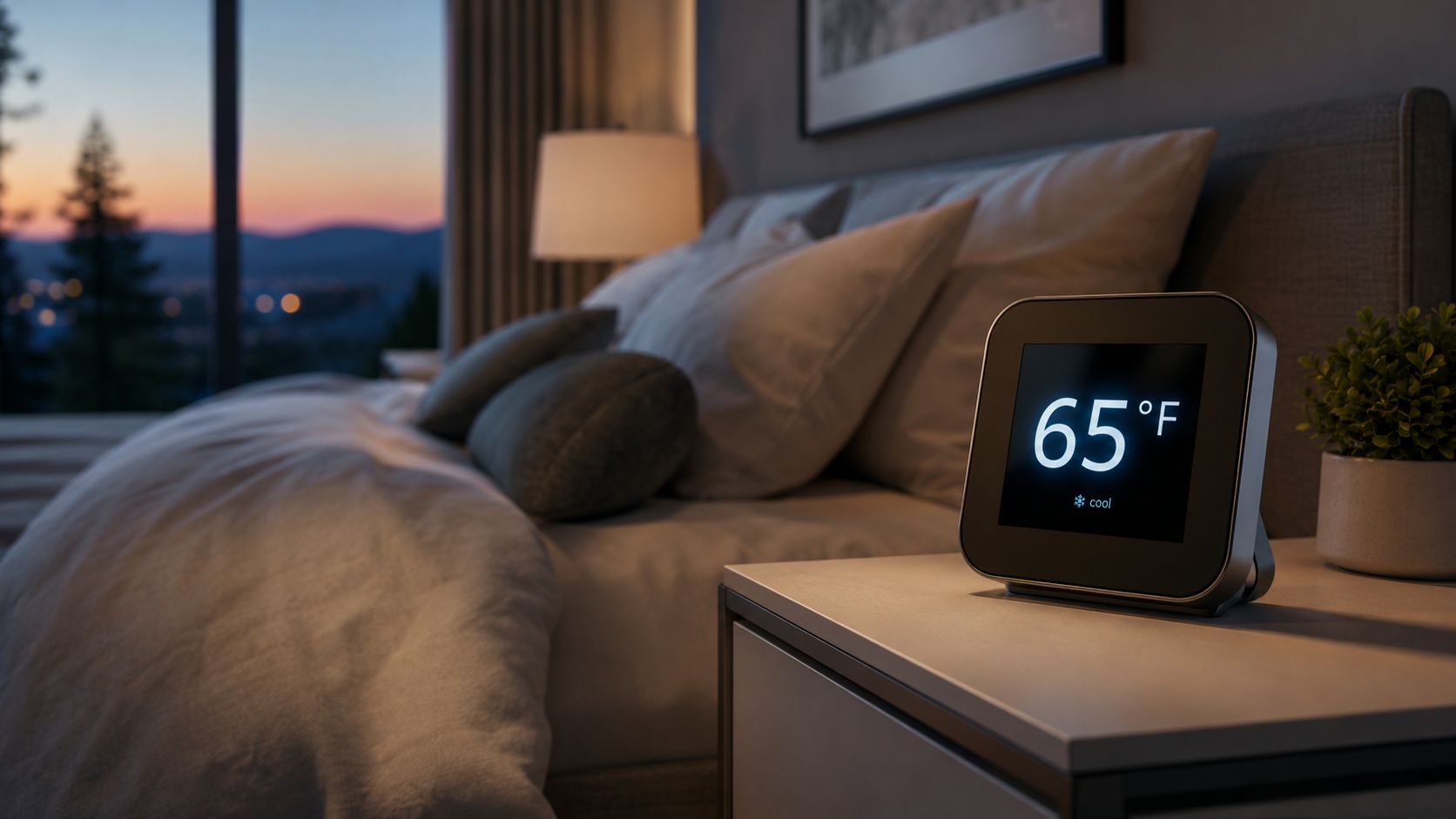 A digital smart thermostat on a bedroom nightstand showing a temperature setting of 65 degrees Fahrenheit.