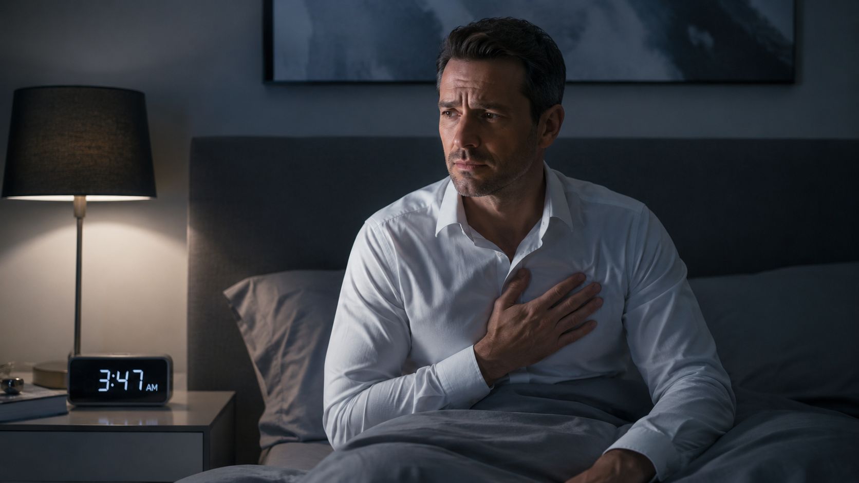 A middle-aged man sitting in bed at night holding his chest while experiencing physical discomfort.
