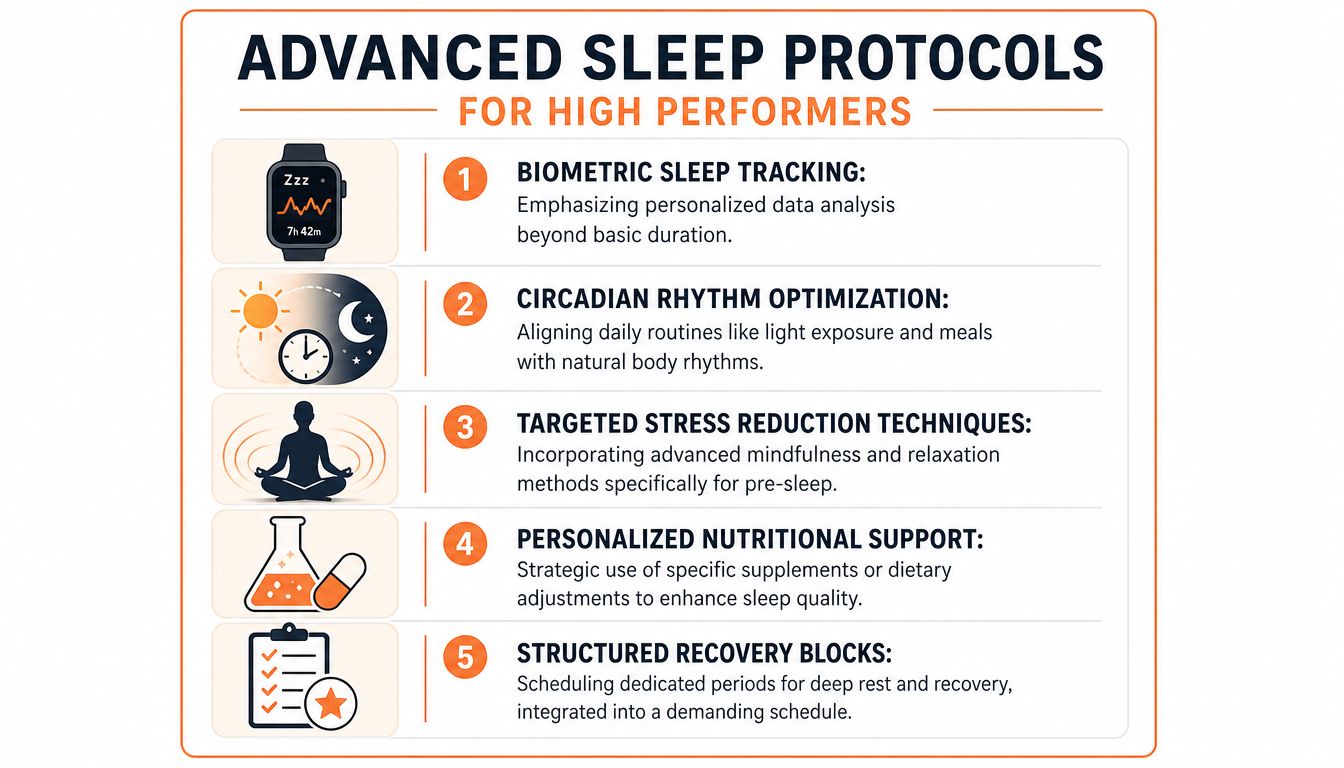 A list of five advanced sleep protocols for high performers, covering tracking, circadian rhythms, stress, nutrition, and recovery.