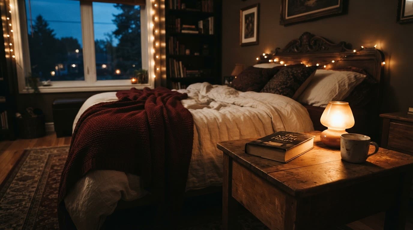 A Book Rests On A Wooden Nightstand In A Softly Lit Bedroom At Dusk.
