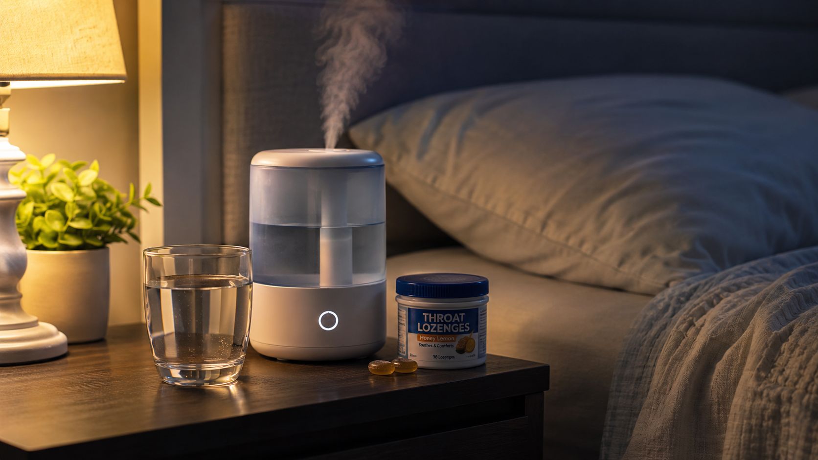 A bedside table with a humidifier, a glass of water, and throat lozenges to soothe dry throat.