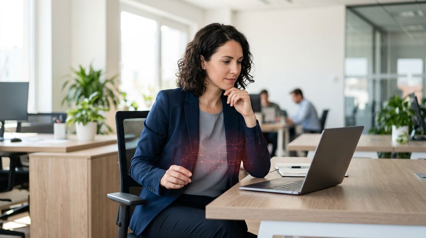 A professional businesswoman sitting at her office desk working thoughtfully on her laptop computer.