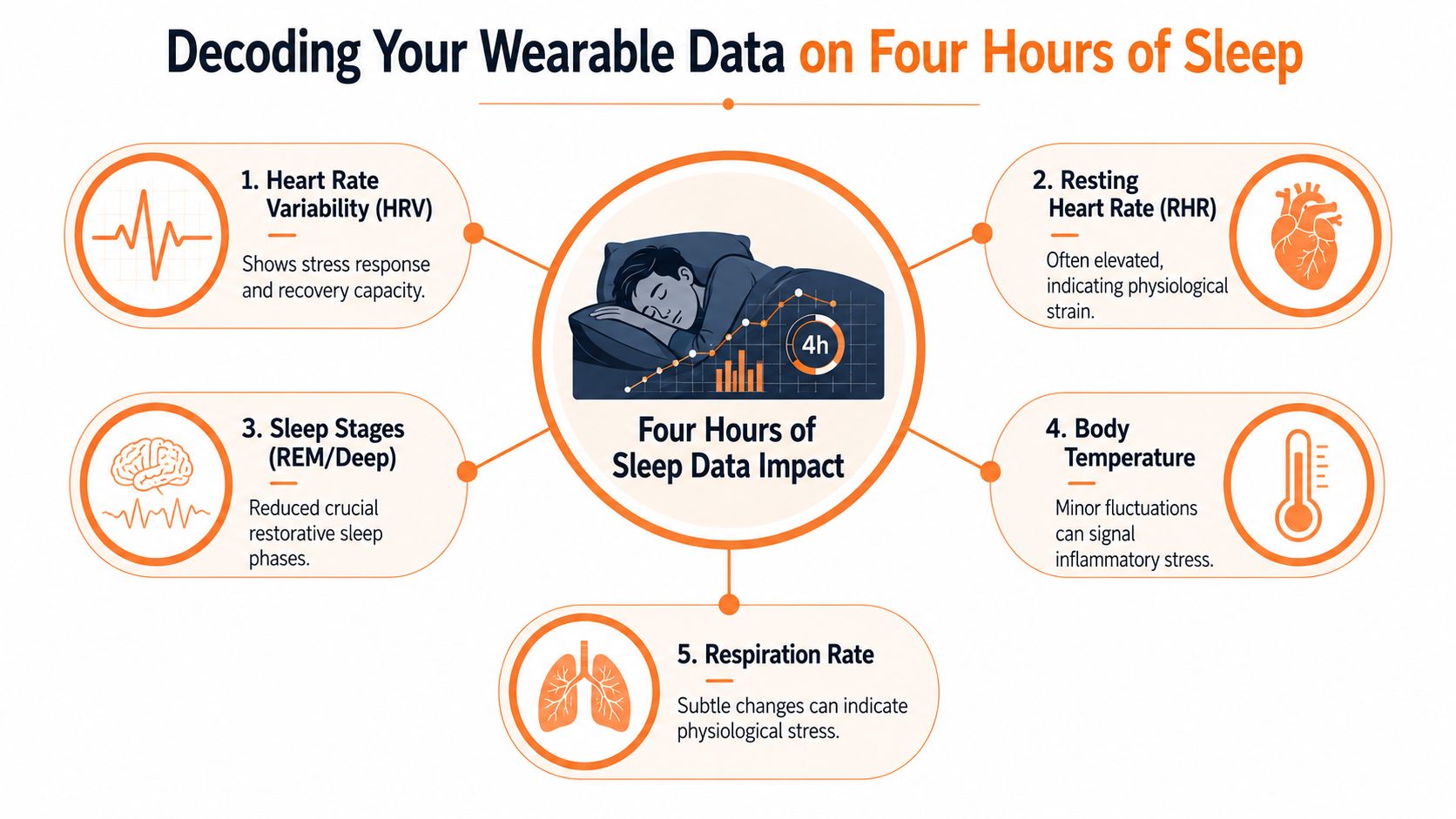 An infographic showing how four hours of sleep impacts heart rate, respiration, and body temperature wearable data.