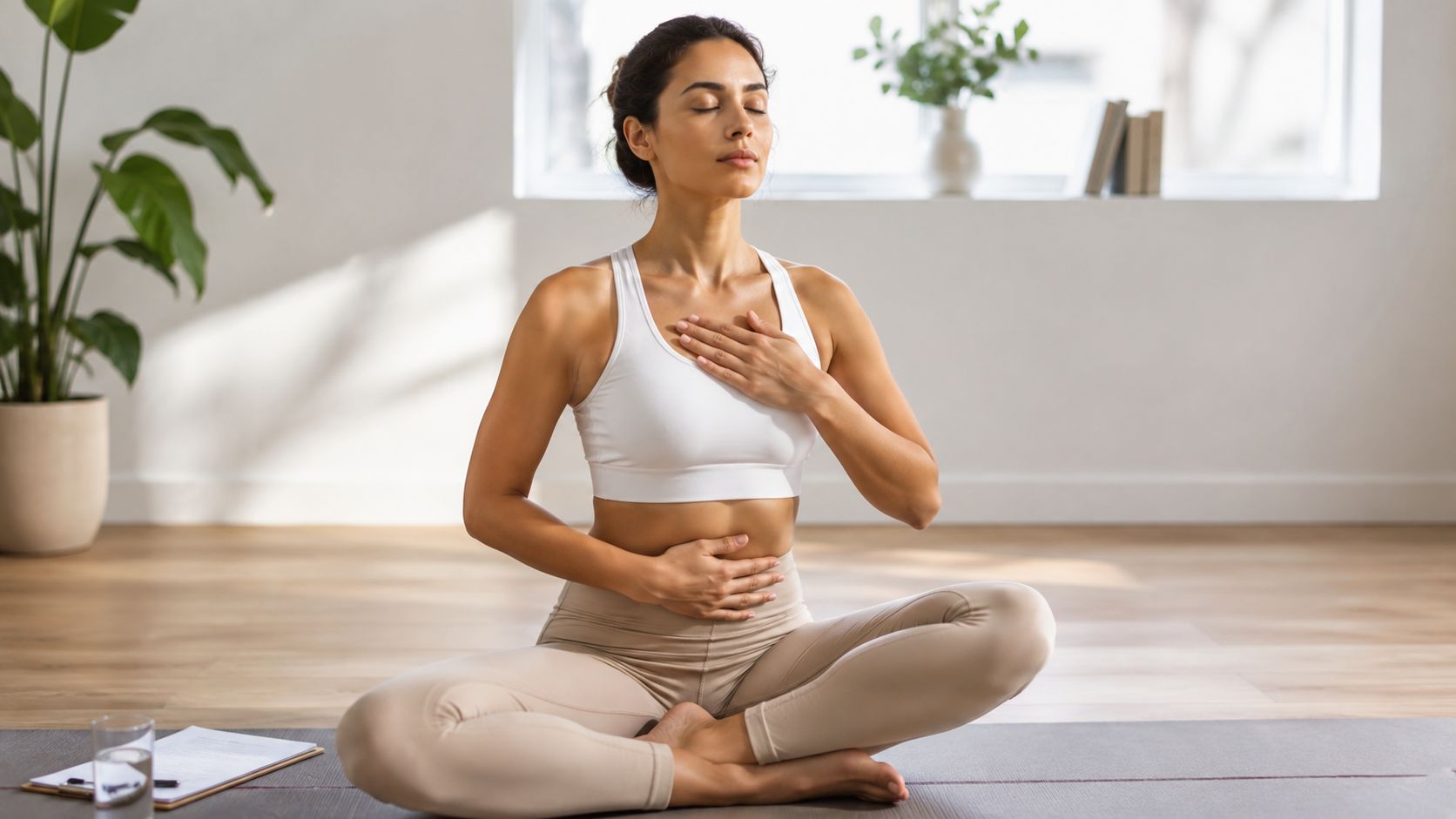A woman practicing deep breathing exercises while sitting in a meditative yoga pose on a floor mat.
