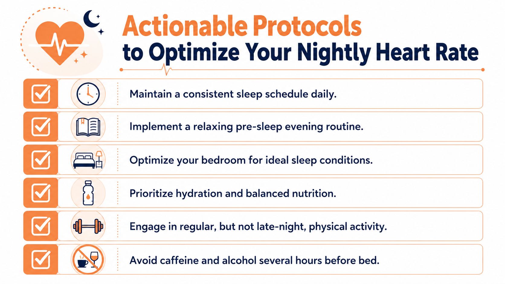 A checklist infographic titled Actionable Protocols to Optimize Your Nightly Heart Rate, listing six healthy lifestyle habits.