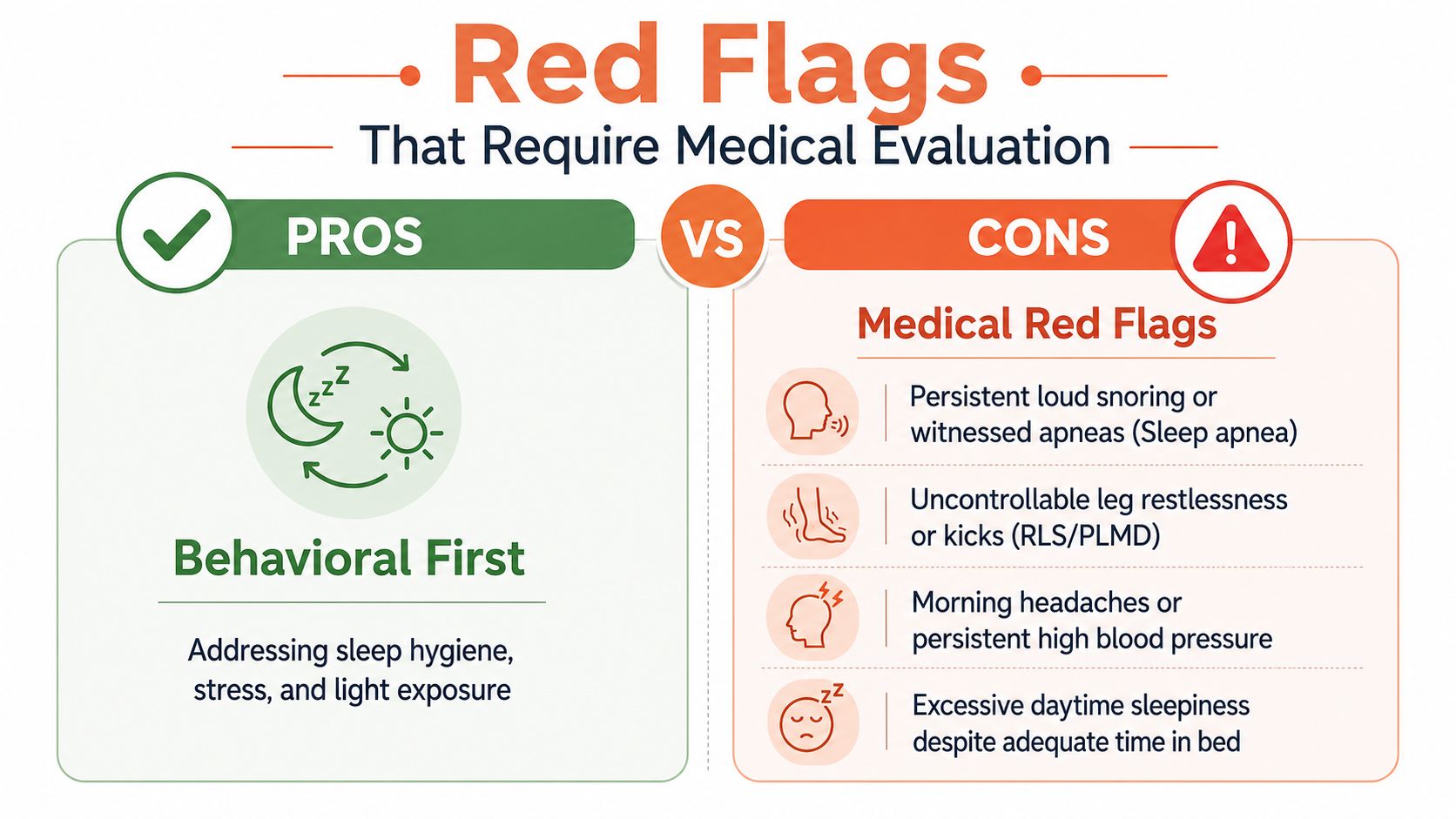An infographic titled Red Flags That Require Medical Evaluation, showing behavioral sleep solutions versus medical warning signs.