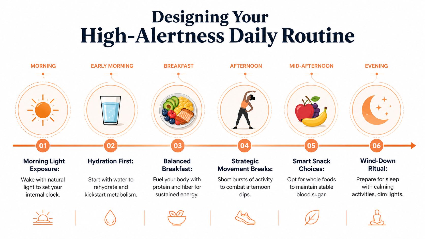 A step-by-step guide for designing a high-alertness daily routine featuring sun, hydration, healthy meals, movement, and sleep.