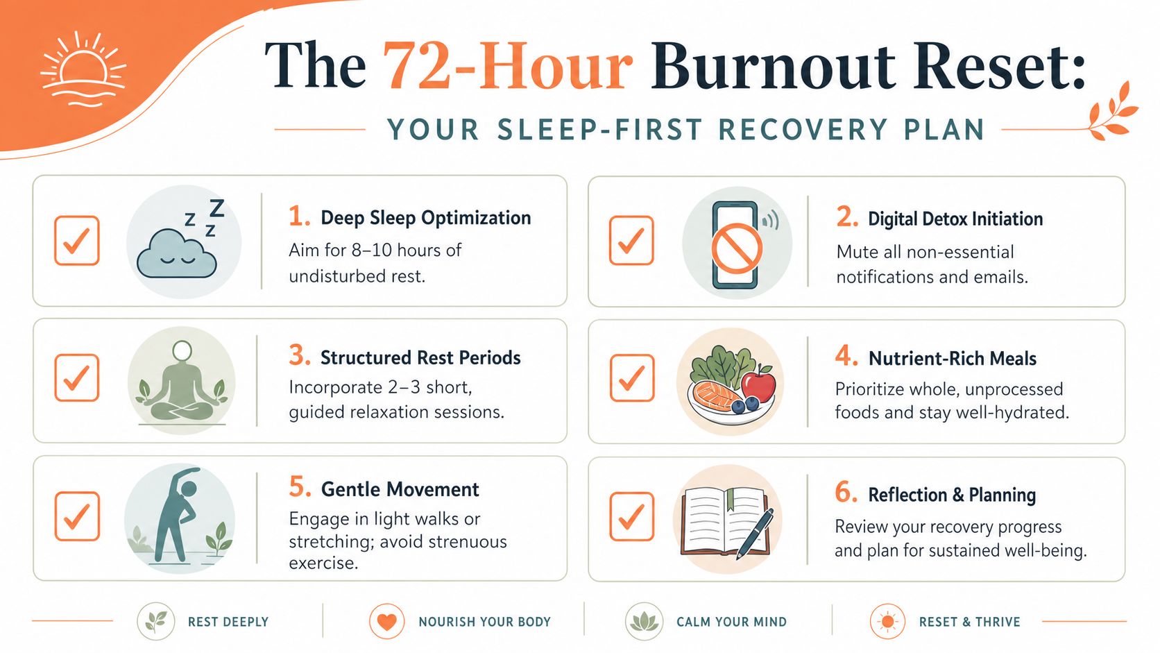 A 72-hour burnout recovery plan infographic featuring six steps for sleep, digital detox, nutrition, and wellness.