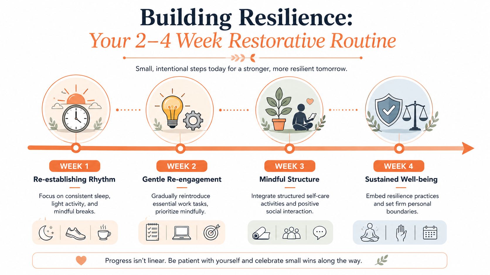 A four-week plan infographic titled Building Resilience illustrating steps for a restorative routine to overcome burnout.