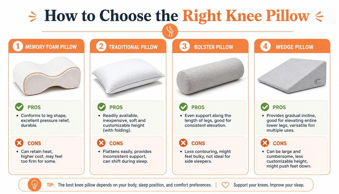 A comparison guide for choosing the right knee pillow with pros and cons for four different types.