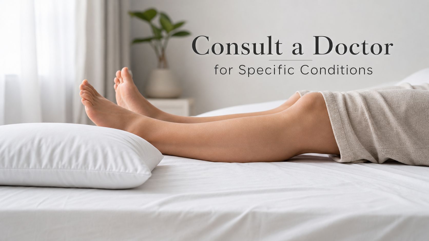 A person lying in bed with their legs elevated on a white pillow to improve circulation.