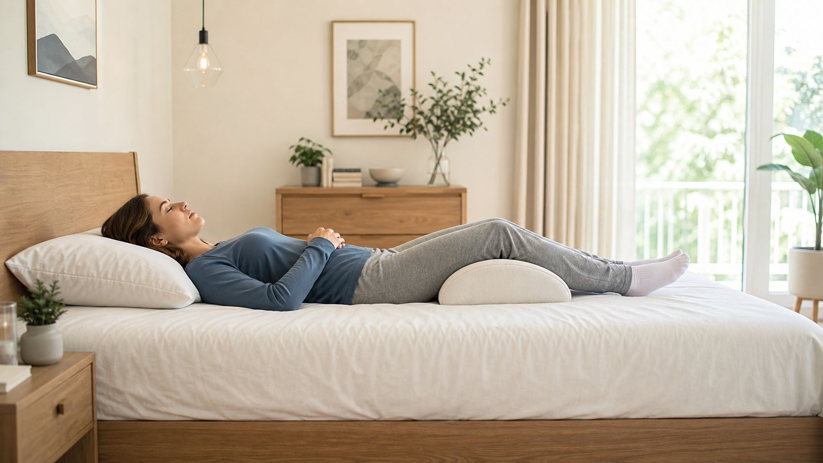 A woman lying on her back on a bed with a semi-cylindrical pillow placed under her knees.