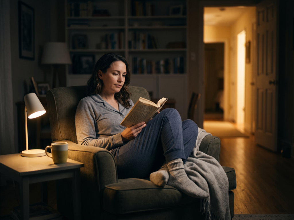 Person Reading A Book In Dim Light After Waking During The Night To Help Fall Back Asleep Naturally