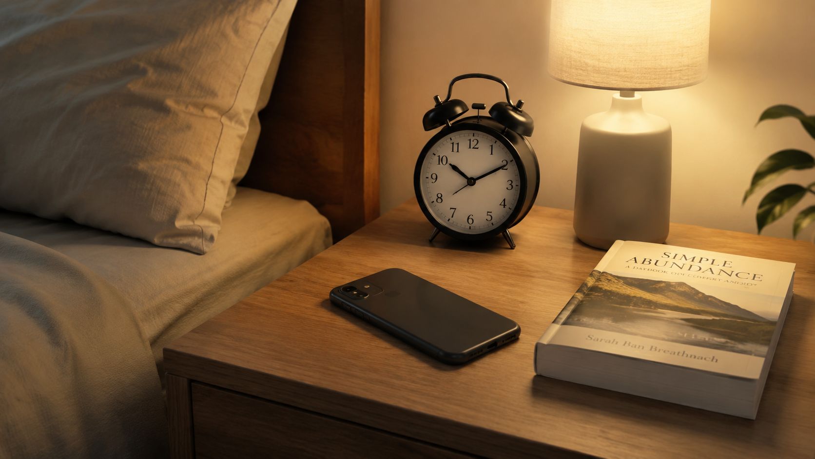 A bedside table with a smartphone, an analog clock, and a book under a warm lamp light.