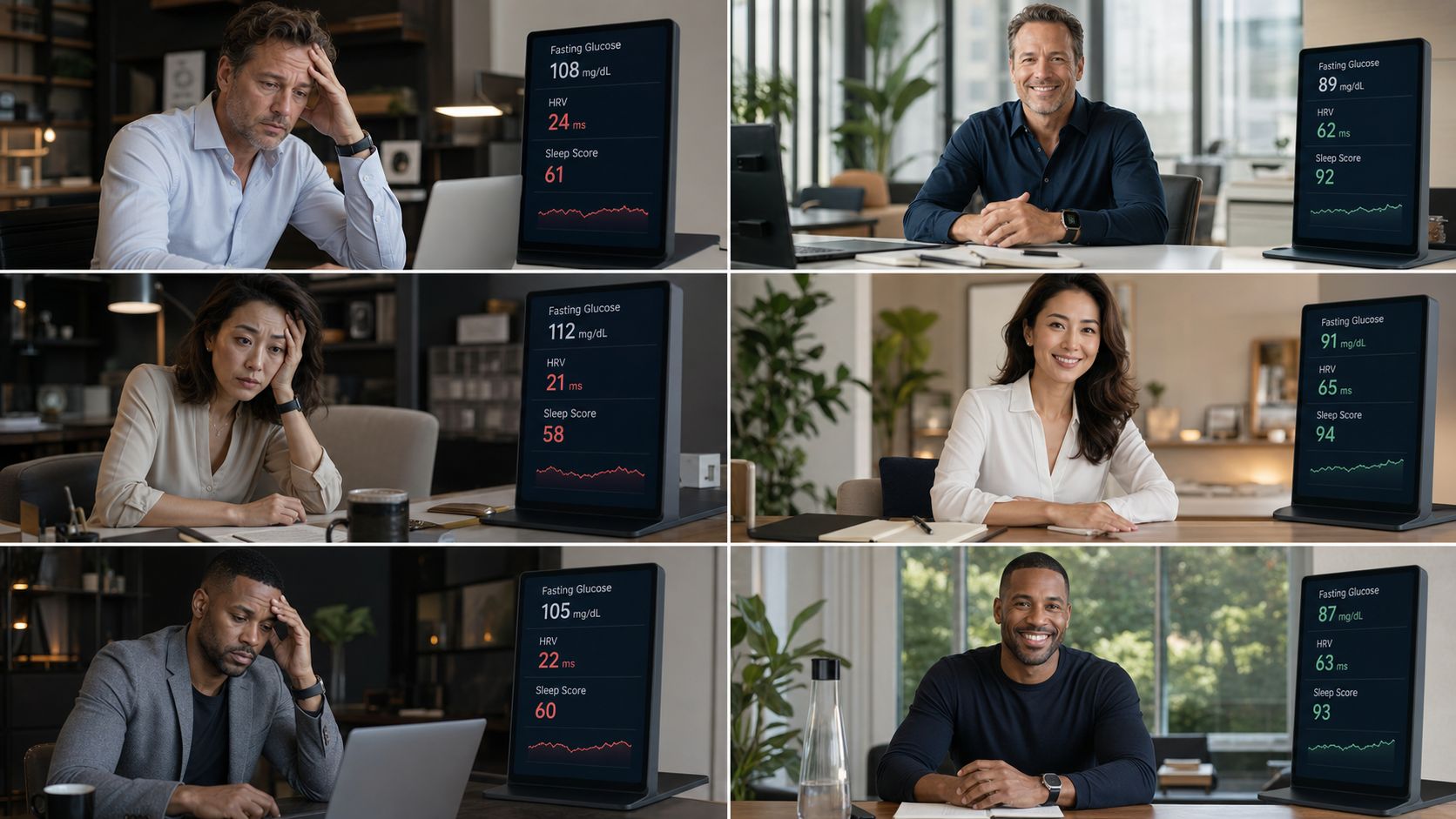 A split image comparison showing stressed workers with poor health markers versus happy employees with healthy data.