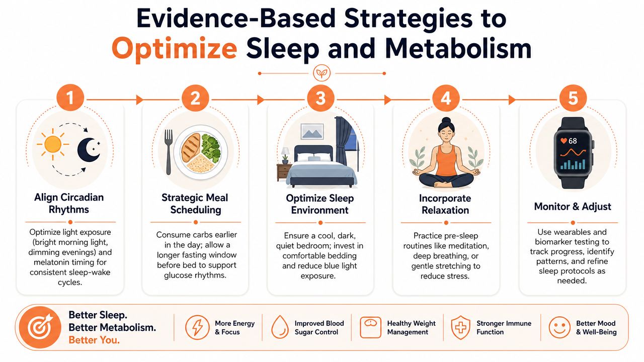 An infographic showing five evidence-based steps to optimize sleep and metabolic health for better well-being.