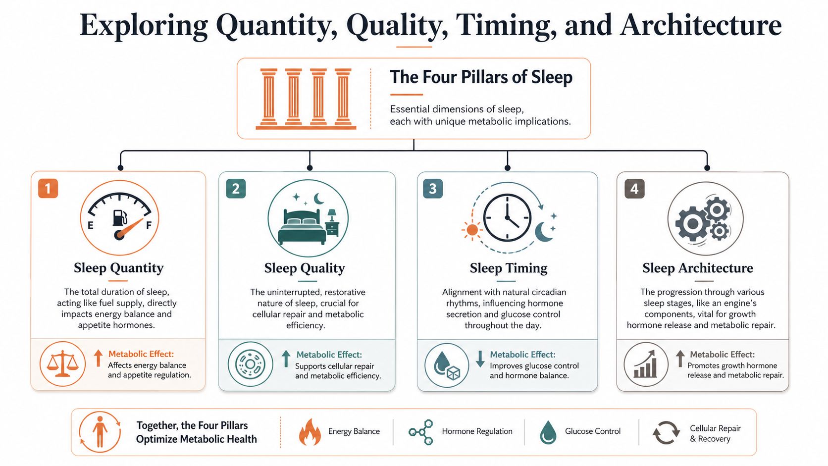 An infographic detailing the four pillars of sleep: quantity, quality, timing, and architecture, and their metabolic benefits.