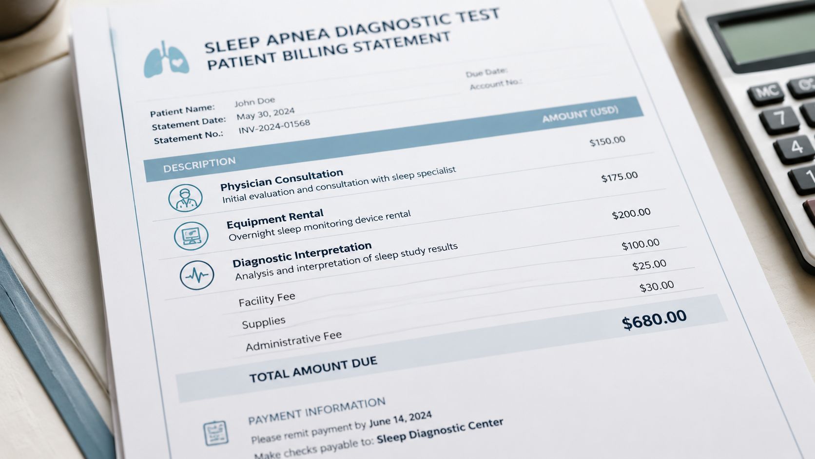 A close-up view of a sleep apnea diagnostic test patient billing statement with a calculator nearby.