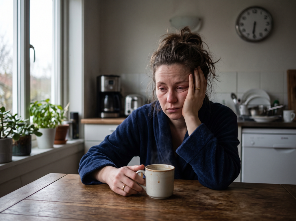 Sleep-Deprived Woman Sitting With A Cup Of Coffee After Waking During The Night And Feeling Groggy In The Morning