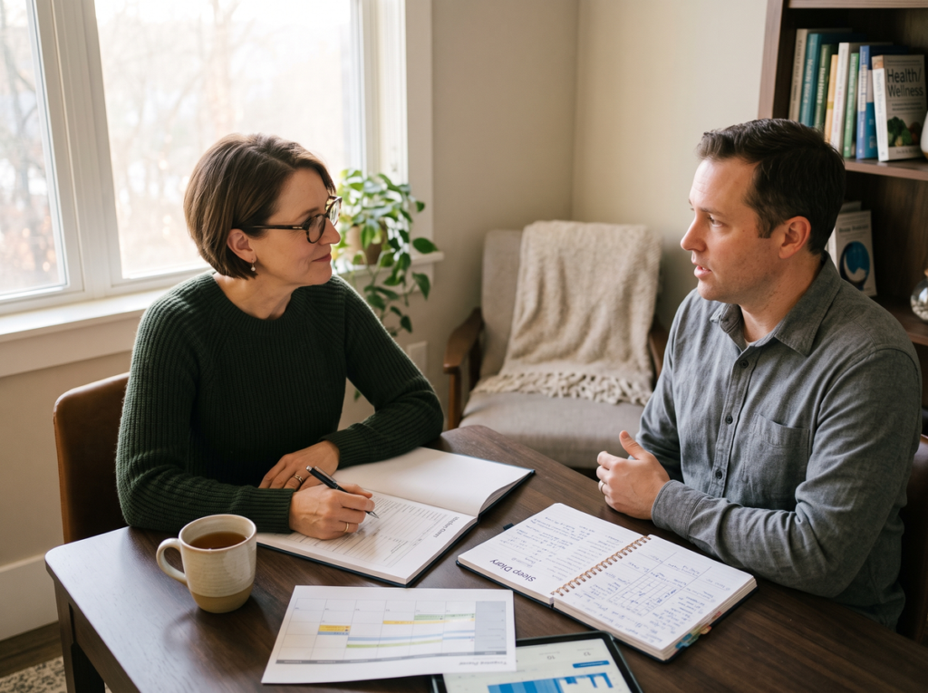 Adult Sleep Coach Reviewing A Client's Sleep Diary And Discussing Personalized Sleep Habits During An Initial Coaching Consultation.