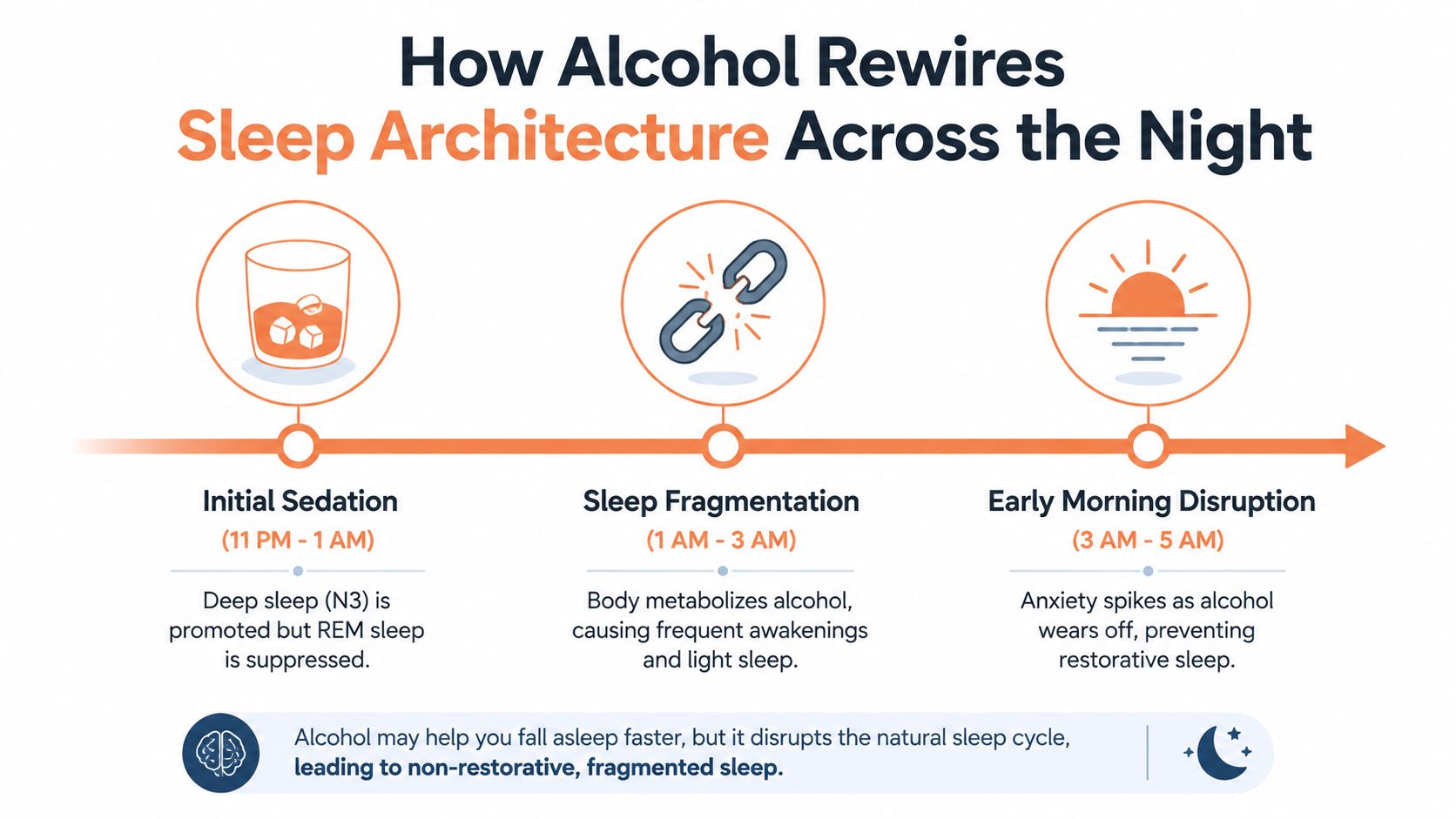 An infographic showing how alcohol negatively affects sleep architecture in three stages throughout the night.