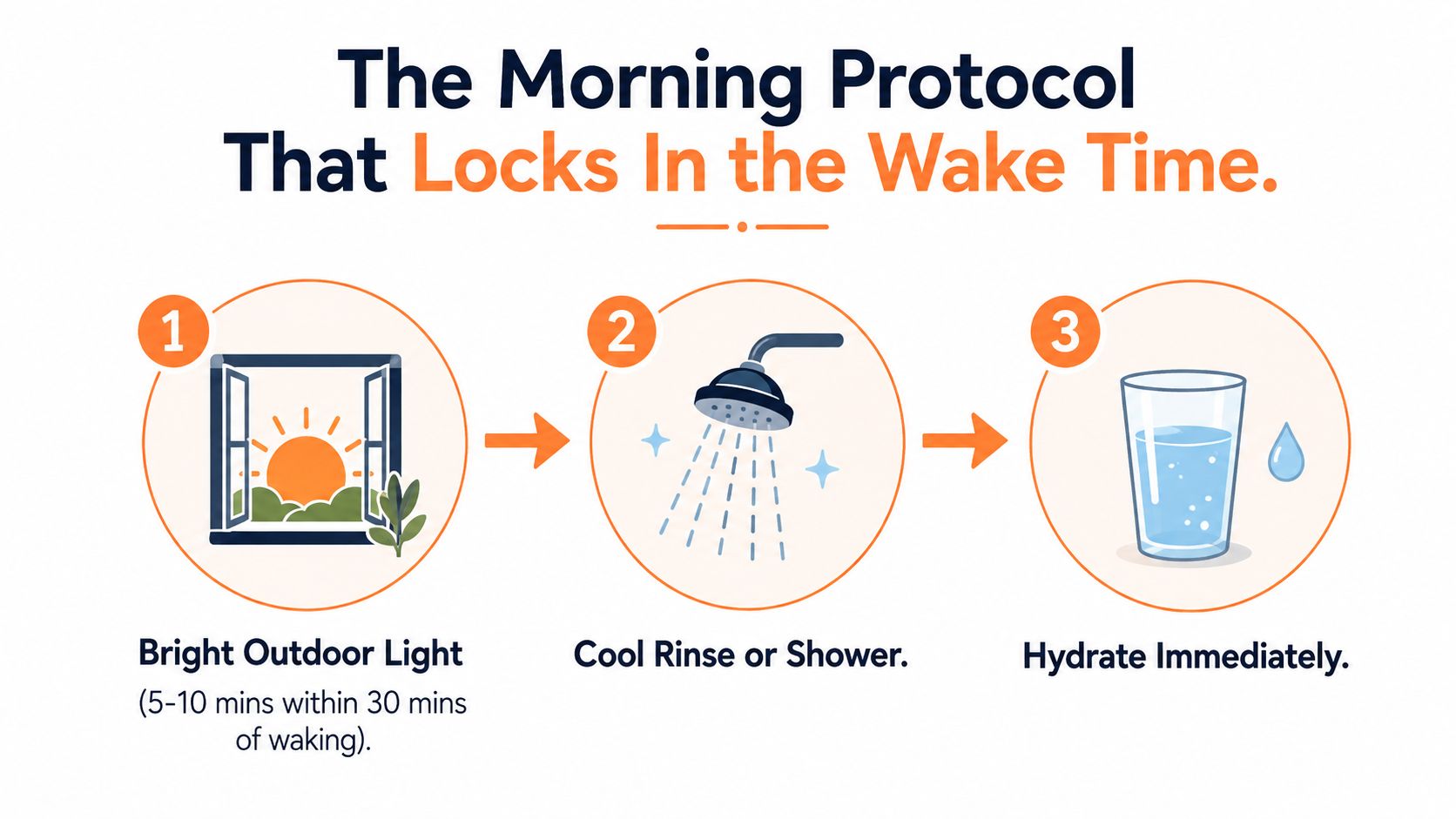 An infographic showing a three-step morning protocol to lock in wake time including bright light, cool shower, and hydration.