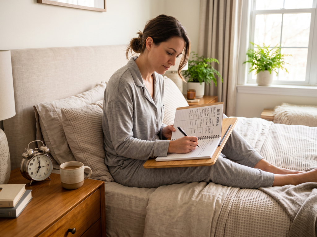 Woman Recording Sleep And Energy Patterns In A Sleep Journal To Identify Her Natural Sleep Window.