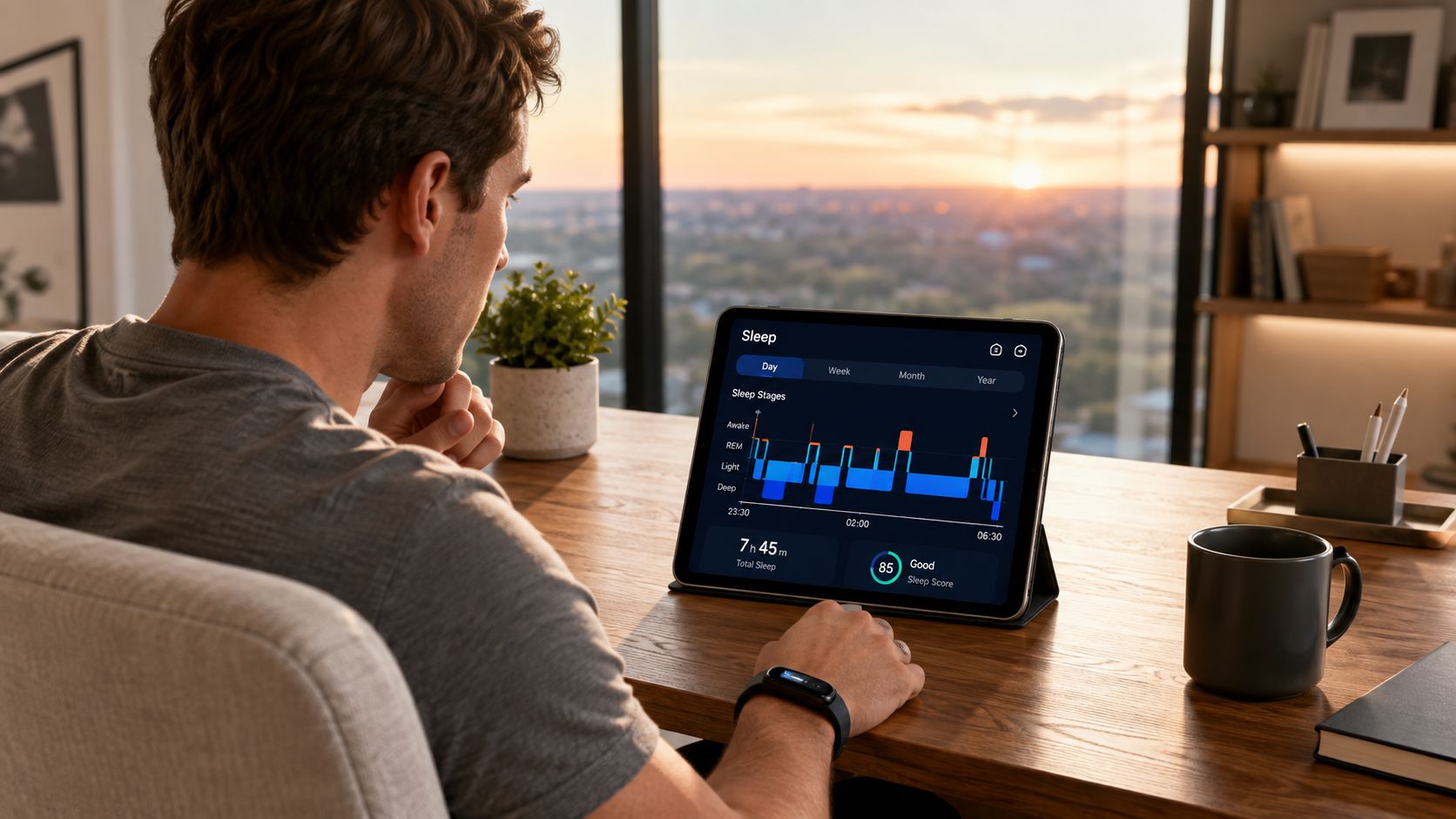 A man wearing a fitness tracker reviews his sleep quality data on a tablet in a sunlit room.