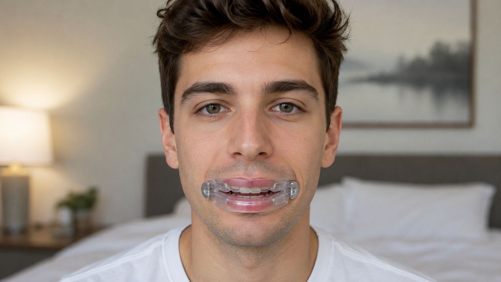 A young man wearing a clear dental anti-snoring device over his teeth in a bright bedroom setting.