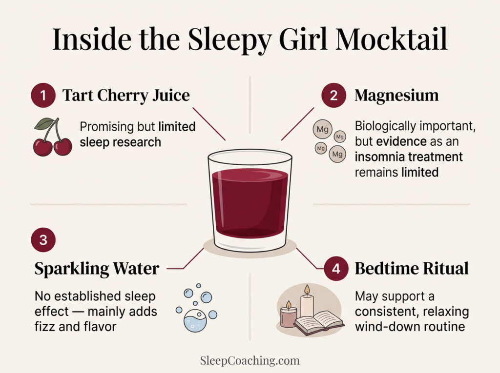 Infographic Explaining Tart Cherry Juice, Magnesium, Sparkling Water, And The Bedtime Ritual In A Sleepy Girl Mocktail.
