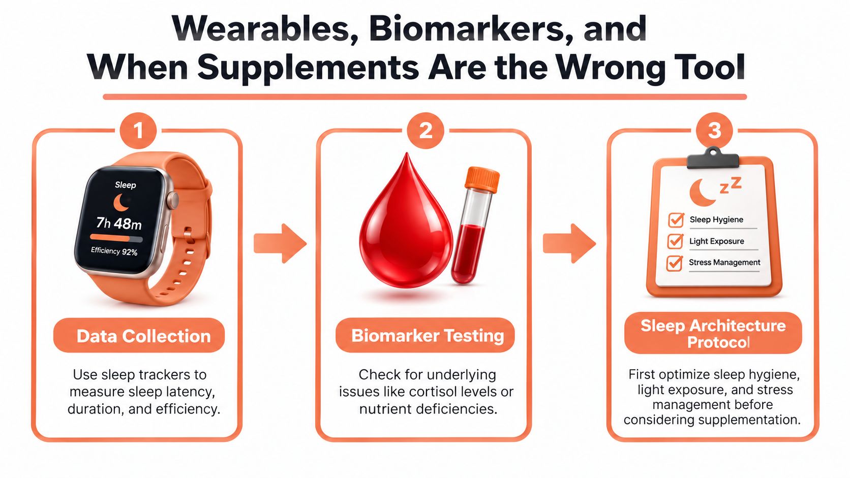A three-step guide to improving sleep through tracking, biomarker testing, and behavioral protocols before considering supplement use.