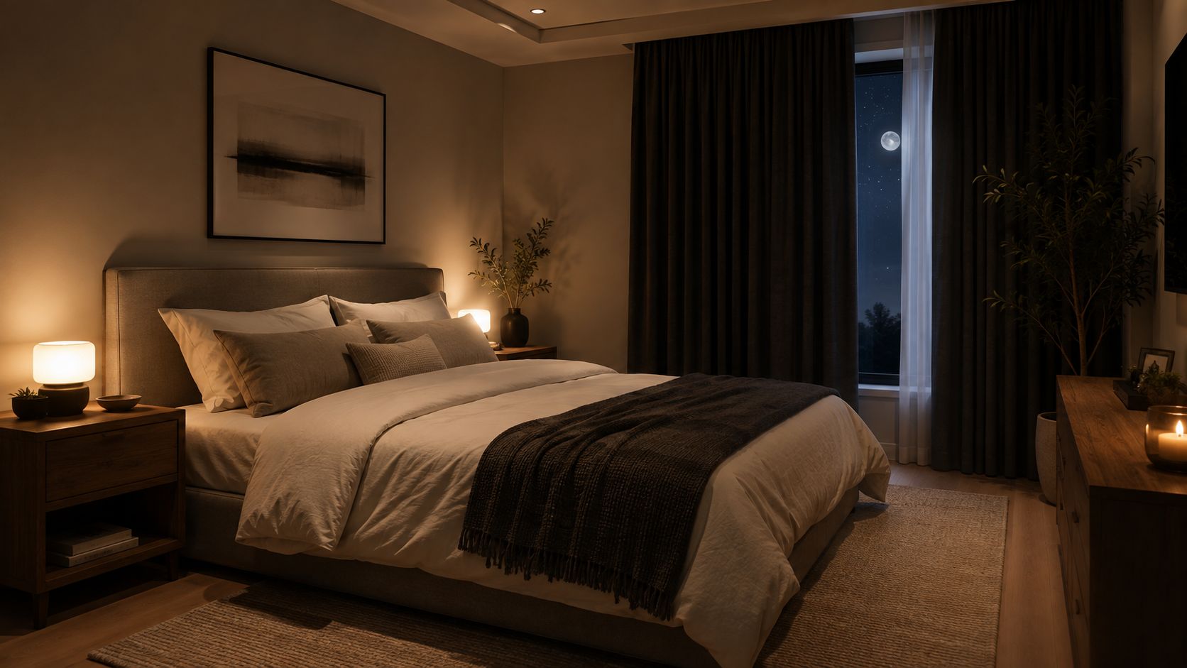 A cozy, dimly lit bedroom at night with a full moon visible through the window curtains.