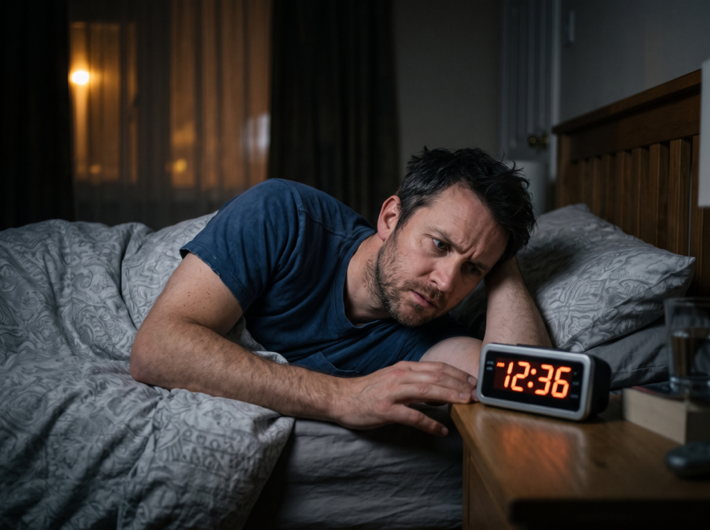 Man Lying Awake In Bed Looking At A Digital Bedside Clock During A Nighttime Awakening Caused By Insomnia.