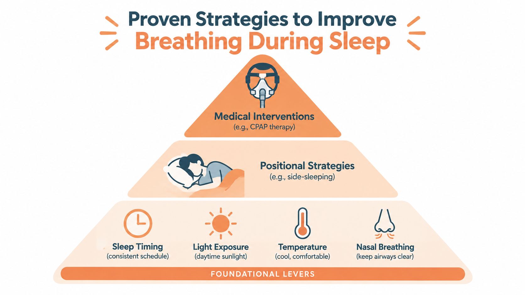 A pyramid diagram showing tiered strategies for improving breathing during sleep, including lifestyle, positioning, and medical interventions.