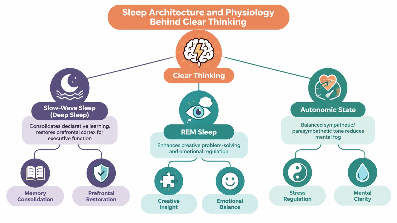 A diagram illustrating how sleep architecture including deep sleep, REM sleep, and autonomic state supports cognitive performance.