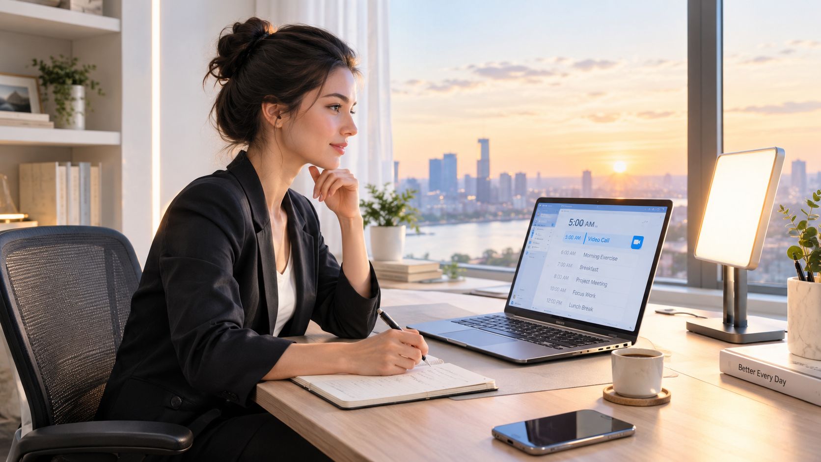 A professional woman writing in a notebook at her desk overlooking a city skyline at sunset.