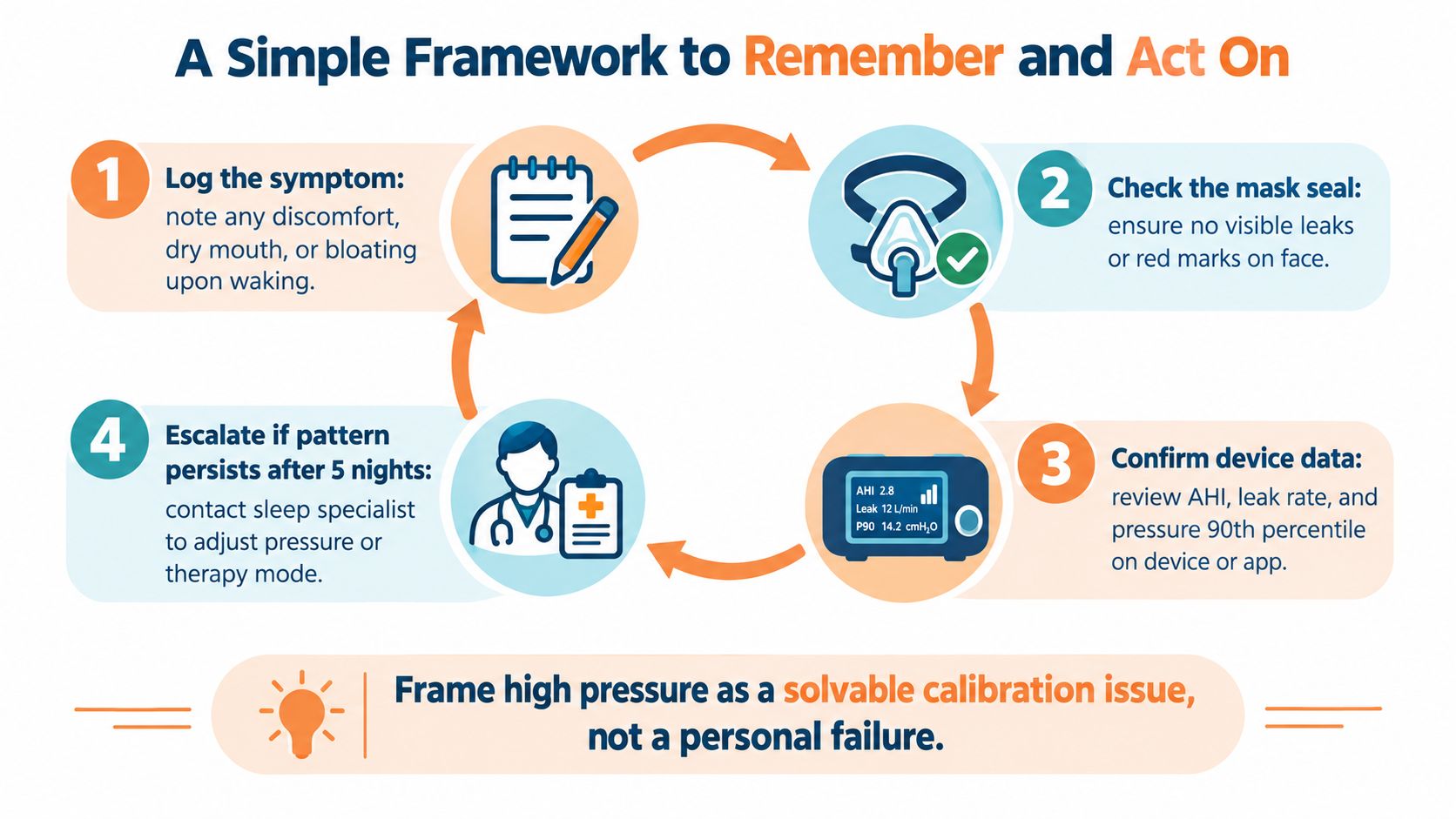 A four-step circular framework illustration providing instructions on how to address and manage high CPAP pressure symptoms.