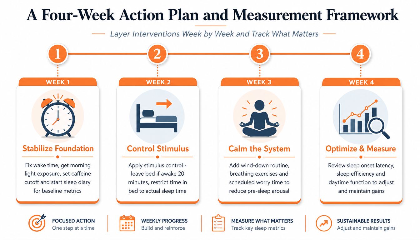 A four-week action plan infographic for improving sleep through structured weekly interventions and progress tracking.