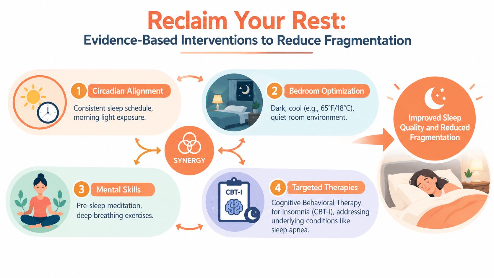 An infographic titled Reclaim Your Rest showing four evidence-based methods to reduce sleep fragmentation and improve quality.