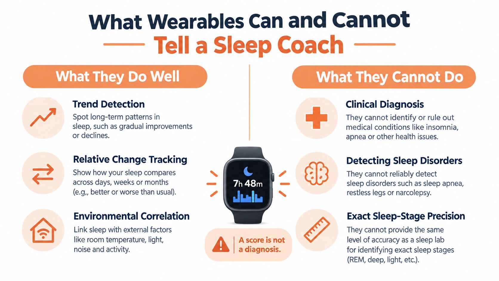 An infographic titled What Wearables Can and Cannot Tell a Sleep Coach, outlining their capabilities and limitations.