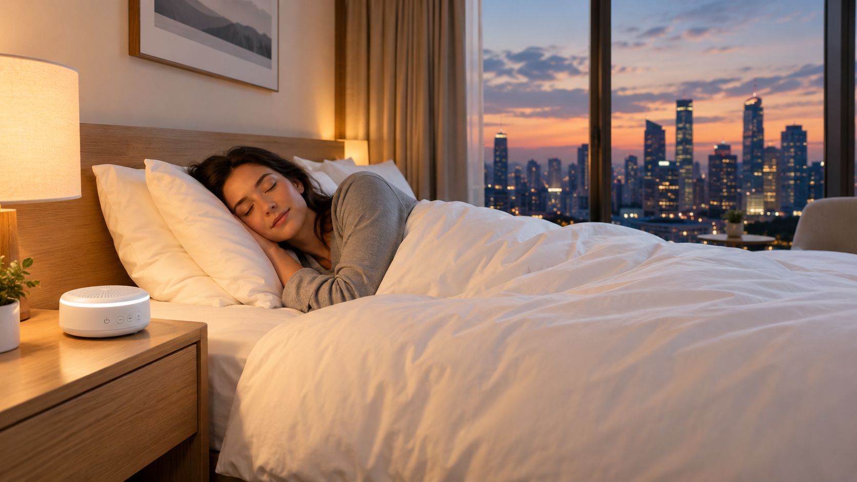 A woman peacefully sleeping in a bed beside a sound machine, with a city skyline at sunset.
